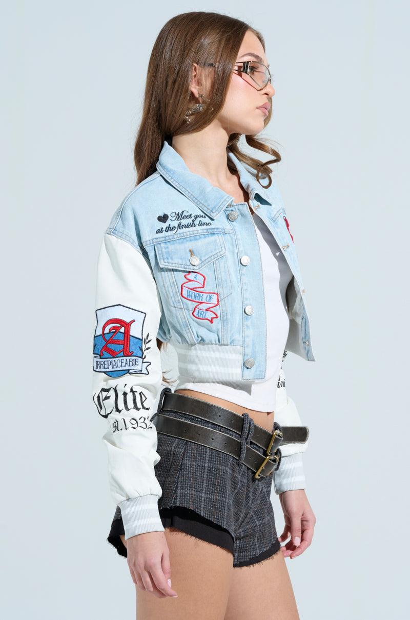 OFF CAMPUS DENIM CROP BOMBER