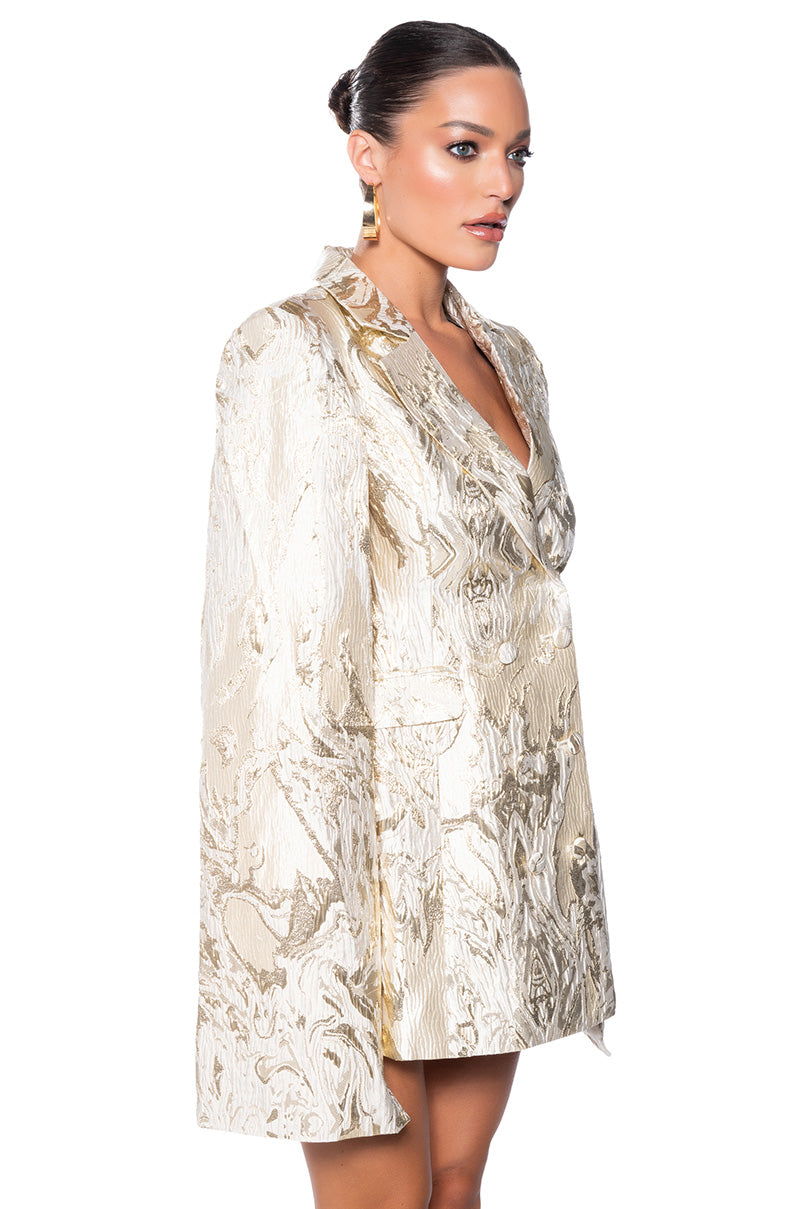 IMANI BROCADE CAPE SLEEVE BLAZER DRESS