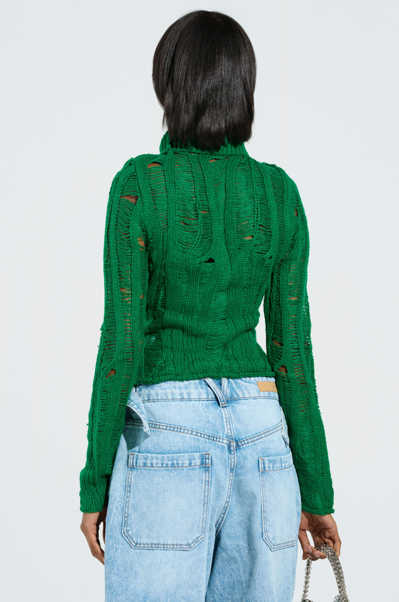 SEXY LOOSE WEAVE HIGH NECK SWEATER IN GREEN