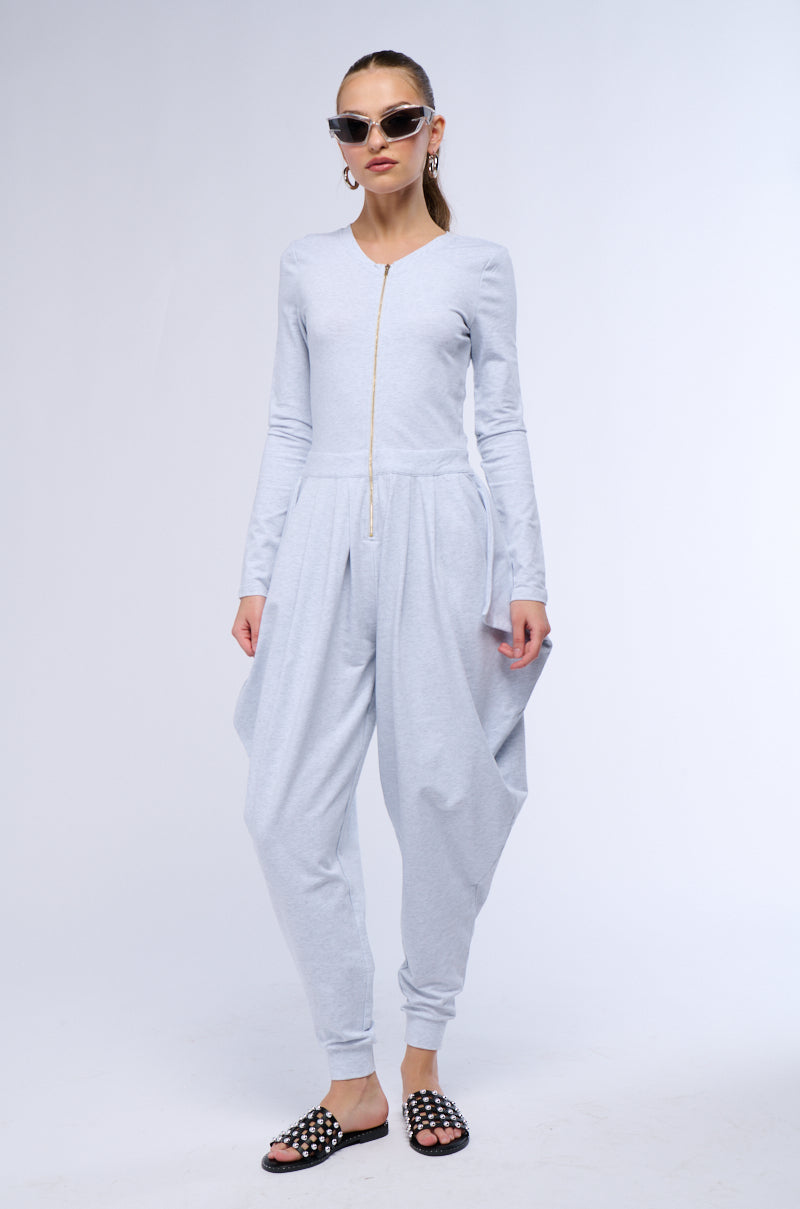 CATCH FLIGHTS NOT FEELINGS FRONT ZIP KNIT JUMPSUIT