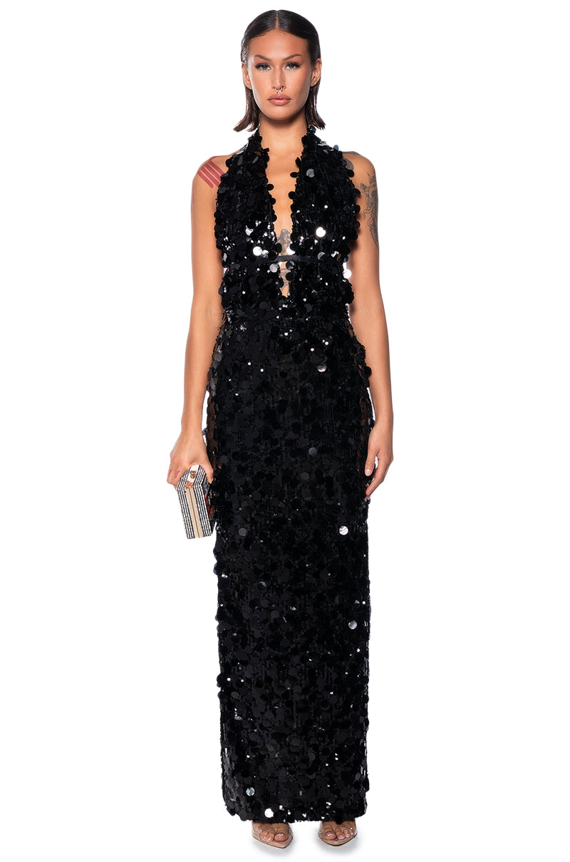 TURNING HEADS SEQUIN HALTER MAXI DRESS