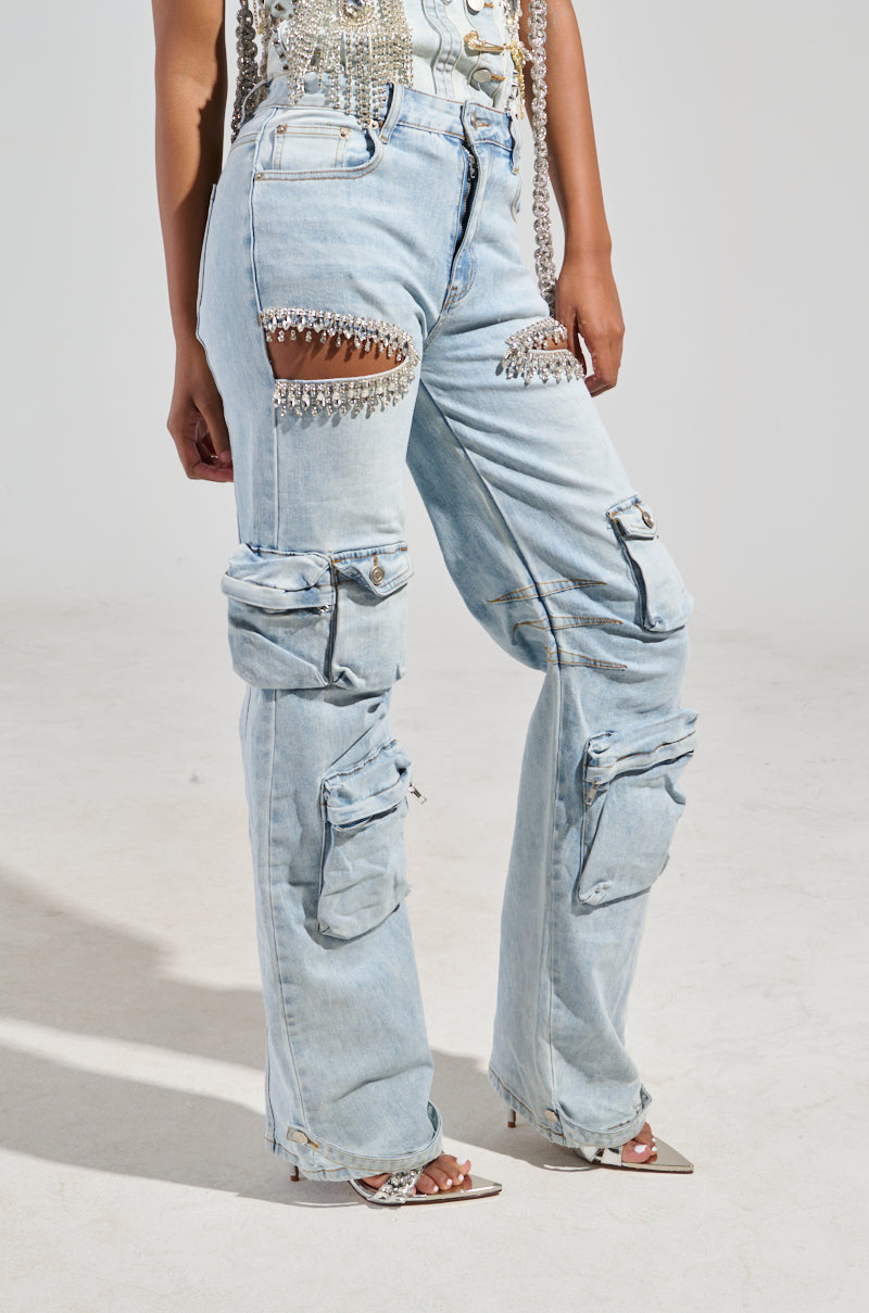 CALLING THE SHOTS CARGO DENIM WITH RHINESTONES