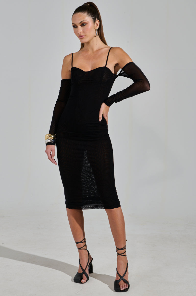 SHE MEANS BUSINESS TIE DETAIL MESH MIDI DRESS