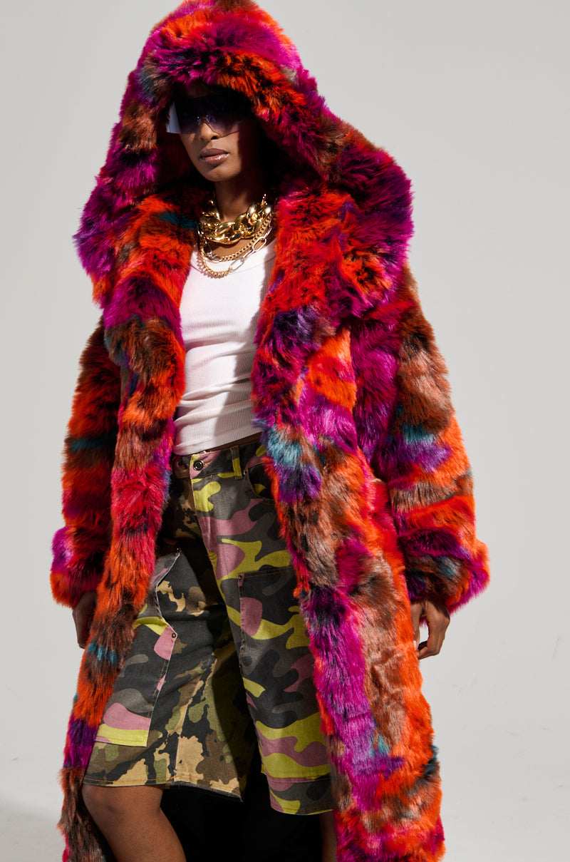 UPSETTER MAXI FAUX FUR COAT IN PINK MULTI