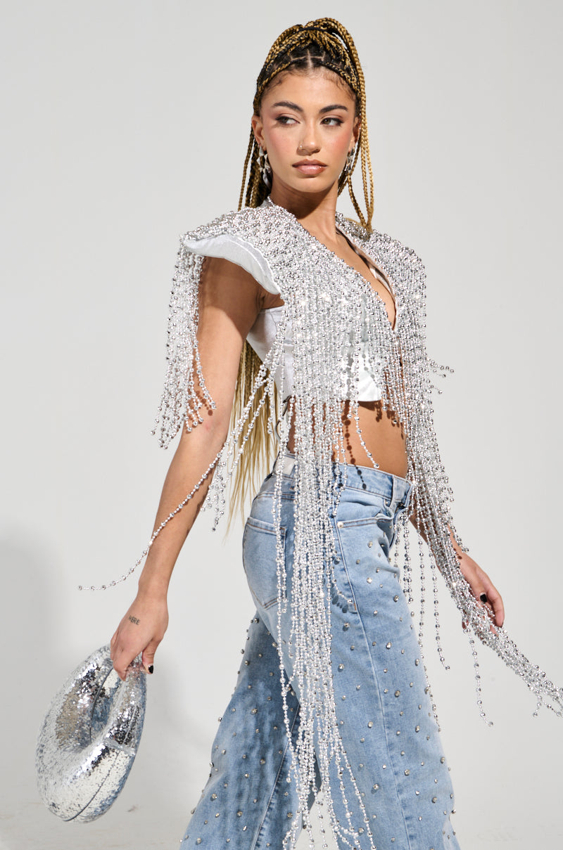 IN MY OWN LANE SILVER BEADED TOP