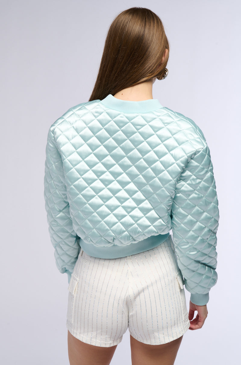 NEVER BETTER QUILTED SATIN BOMBER IN MINT