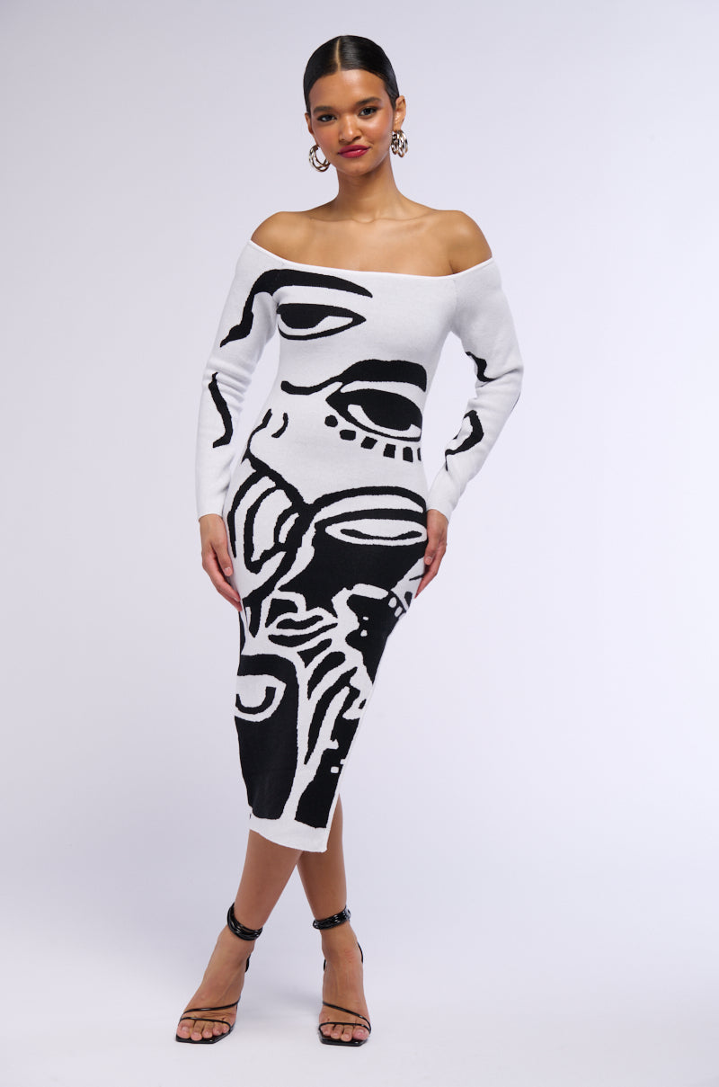 LOOK AT ME ABSTRACT PRINT KNIT MIDI DRESS