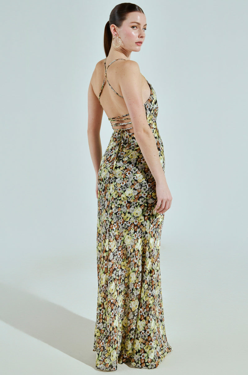 ZANIYA FLORAL SATIN MAXI DRESS