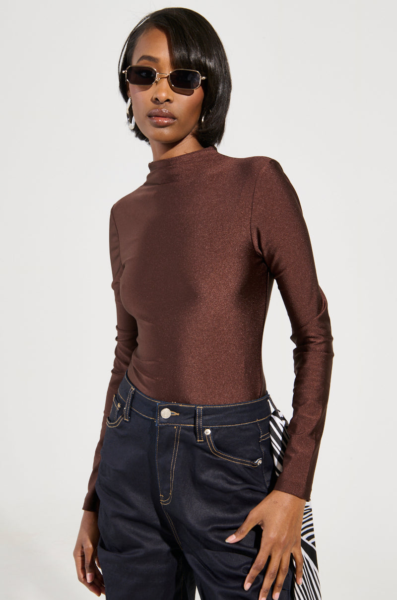 PAXTON DISCO LONG SLEEVE MOCK NECK BODYSUIT IN BROWN