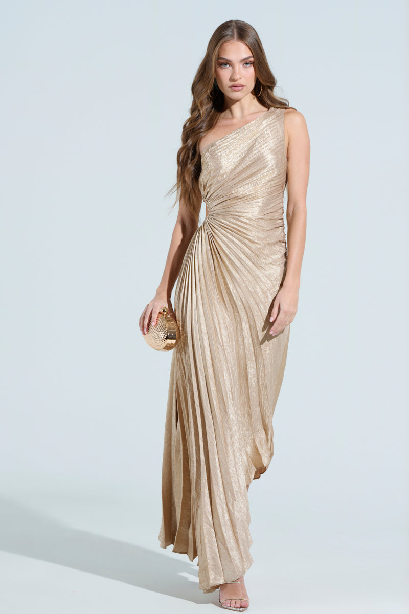 JULIETTE METALLIC PLEATED MIDI DRESS