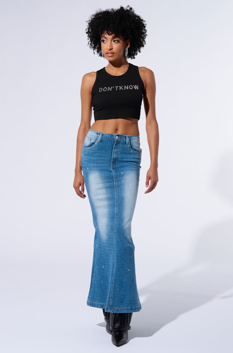 RICH GIRL ENERGY EMBELLISHED DENIM MAXI SKIRT