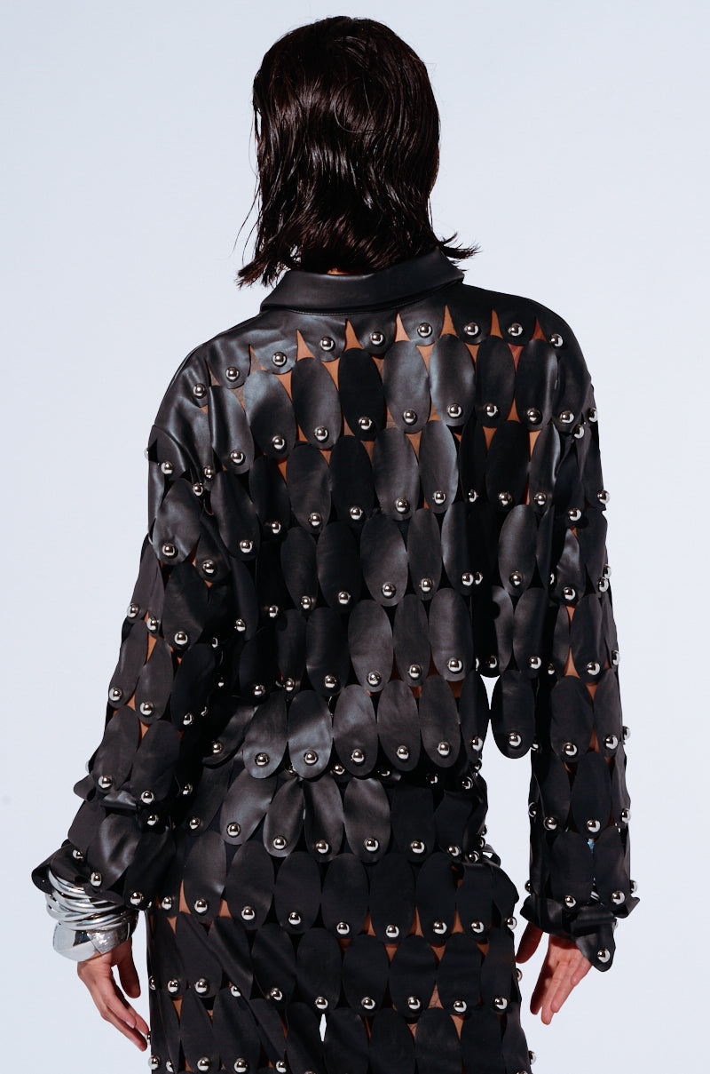 THE SNEAK PEEK STUDDED PU BLOUSE IN BLACK