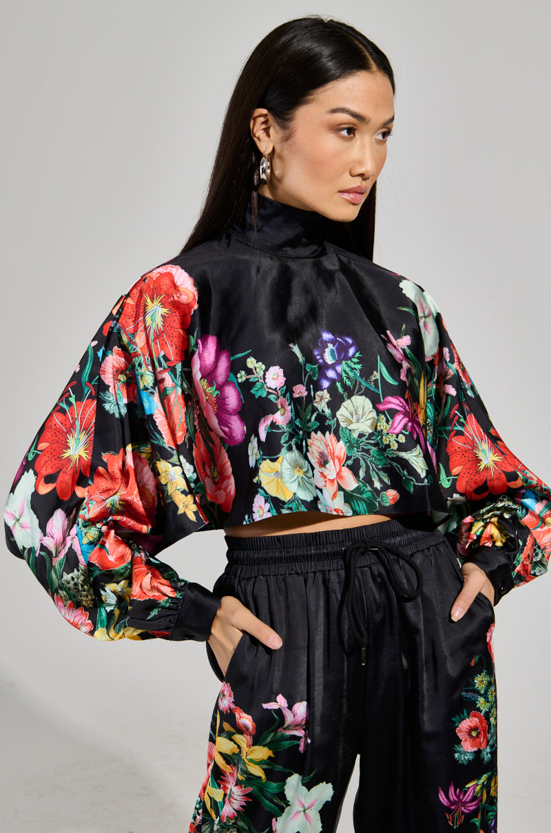 FULL BLOOM SATIN MOCK NECK BLOUSE