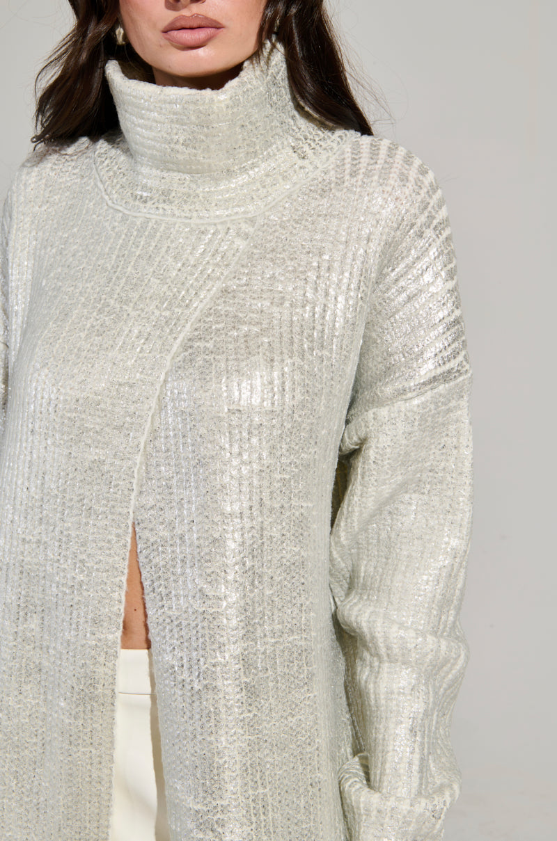 WORTHY OF LOVE LONG SLEEVE METALLIC SWEATER IN SILVER