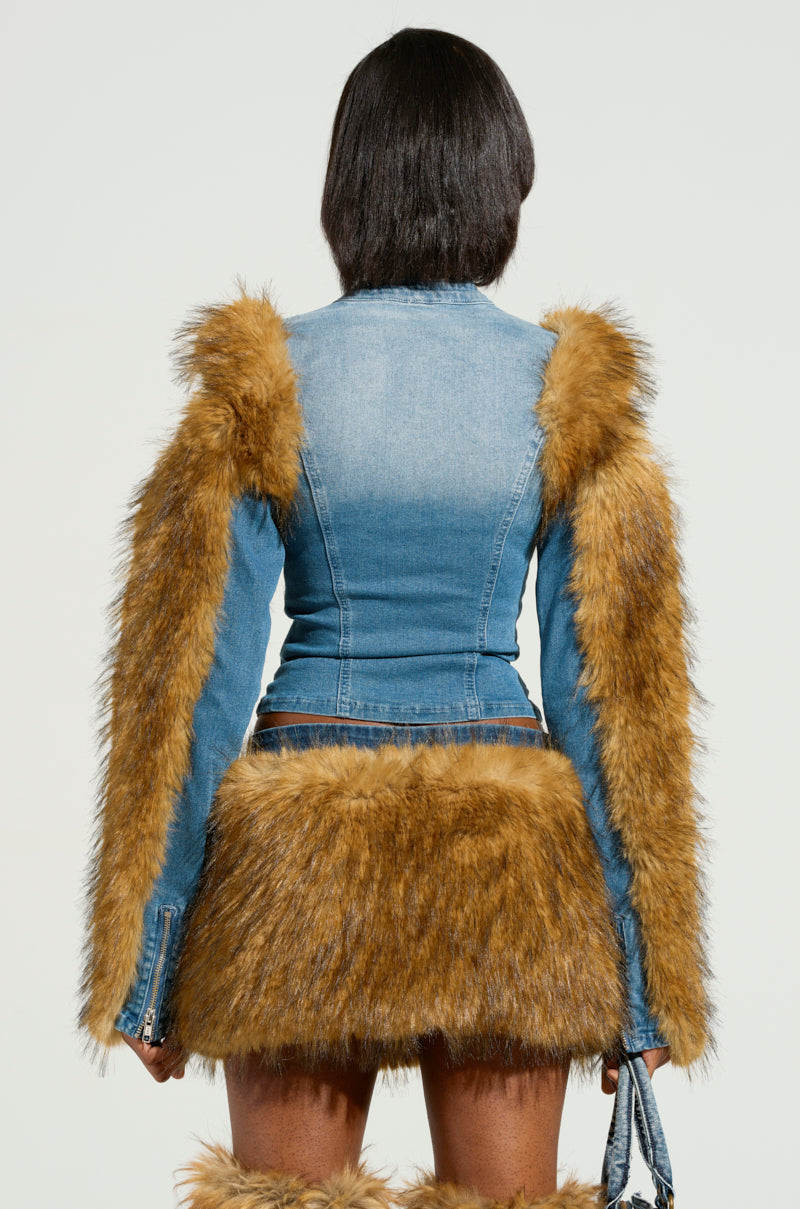 KENDRA FUR TRIM DENIM TOP