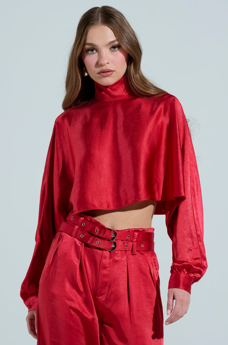 FEELIN' THE LOVE SATIN MOCK NECK BLOUSE IN RED