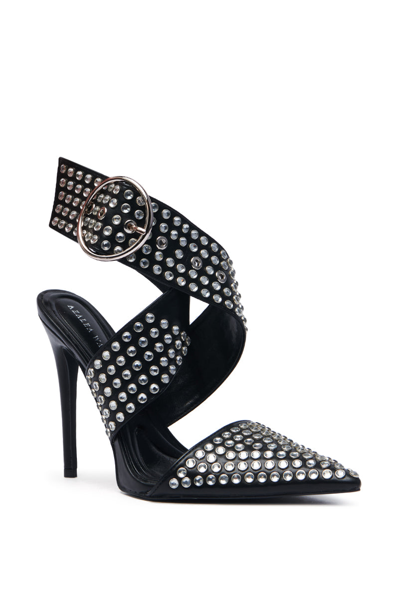 AZALEA WANG SALVIA BLACK RHINESTONE BELTED PUMP