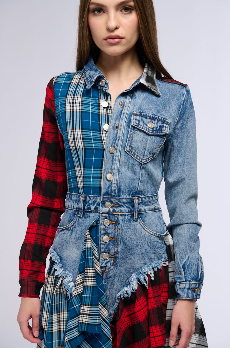 PATCHWORK PLAID DENIM MINI DRESS