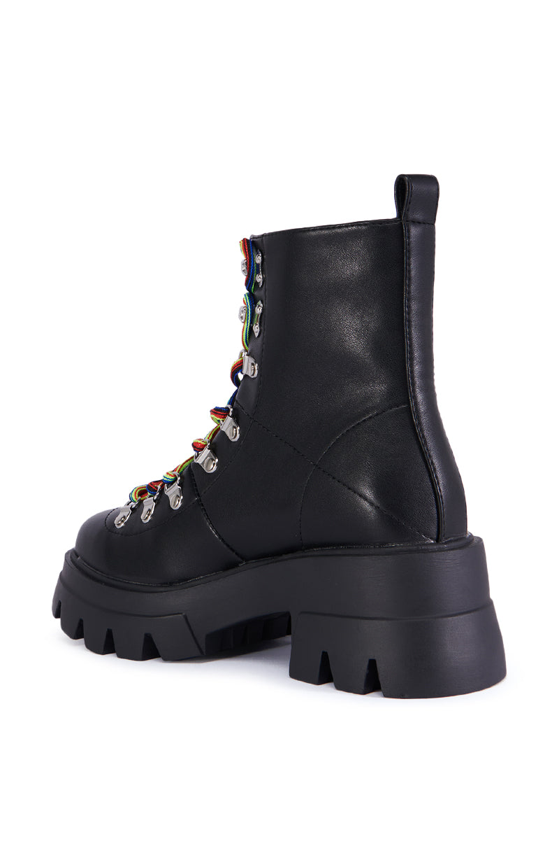 AZALEA WANG BRACKEN BLACK FLATFORM BOOTIE WITH RAINBOW LACES