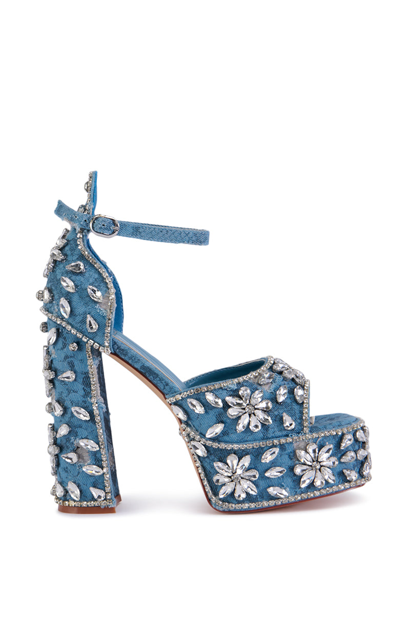 AZALEA WANG CHARLIZE DENIM SNAKE SKIN SANDAL WITH RHINESTONES