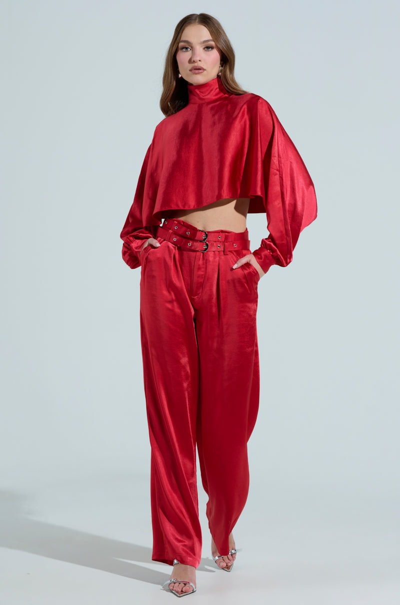 FEELIN' THE LOVE SATIN MOCK NECK BLOUSE IN RED