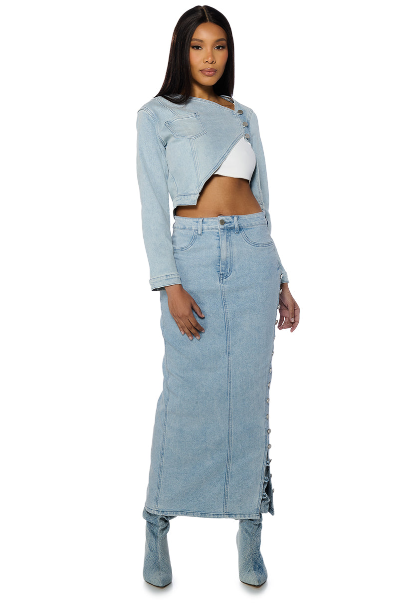 BRITNEY SIDE BUTTON DOWN DENIM MAXI SKIRT