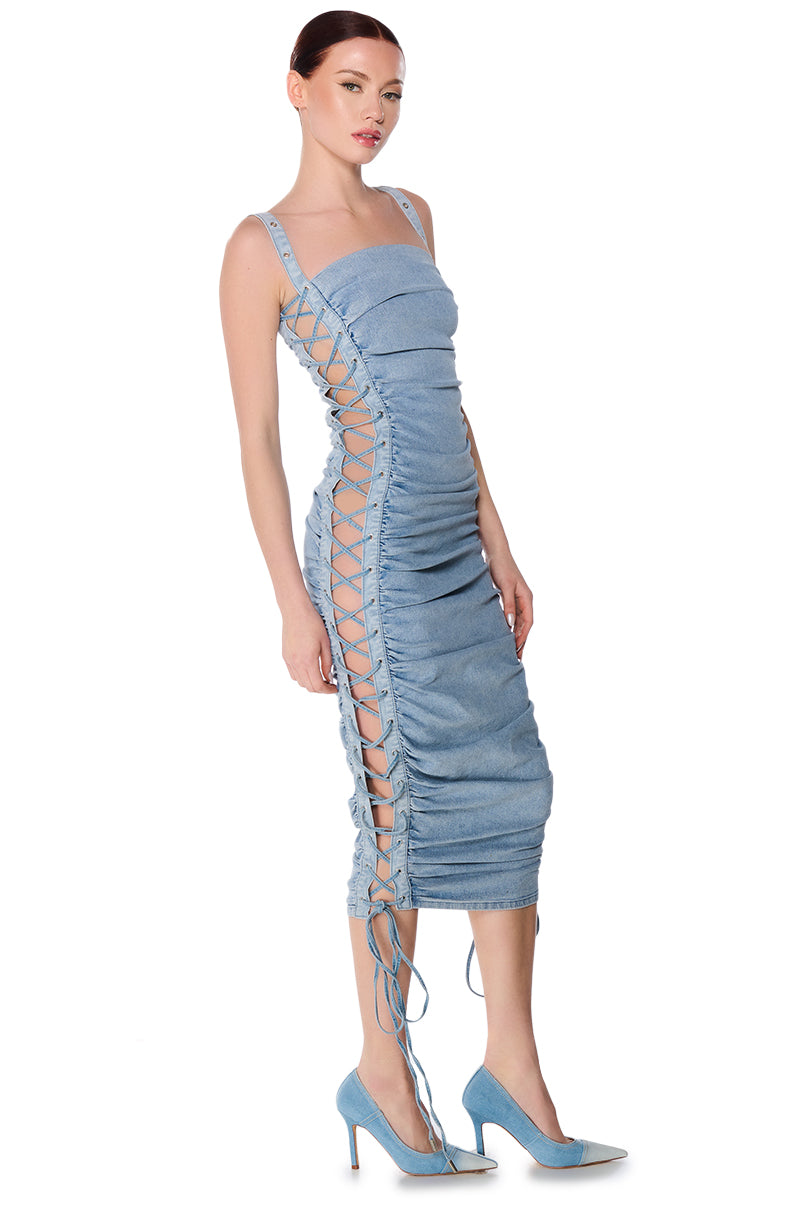 LOOK AT ME LACE UP DENIM MIDI DRESS