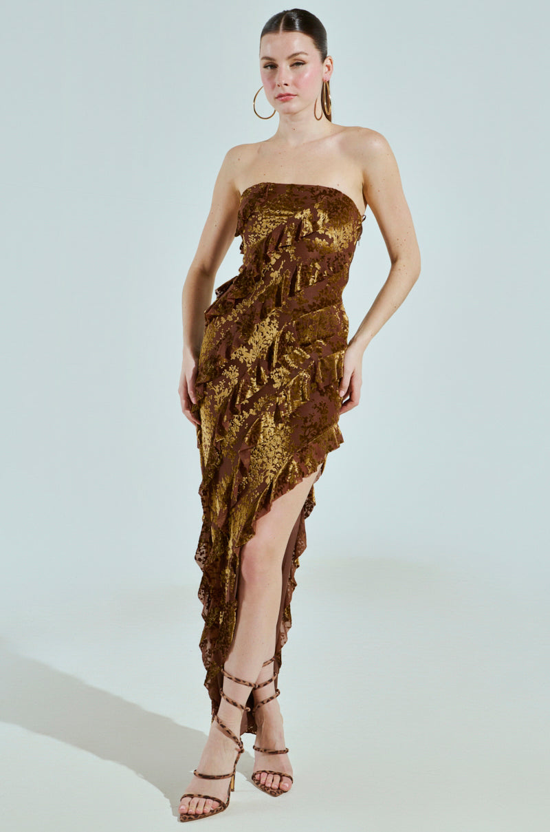 CYRUS VELVET MAXI DRESS IN BROWN