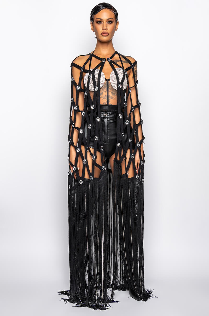 ZELINA FRINGE EMBELLISHED LONG CARDIGAN