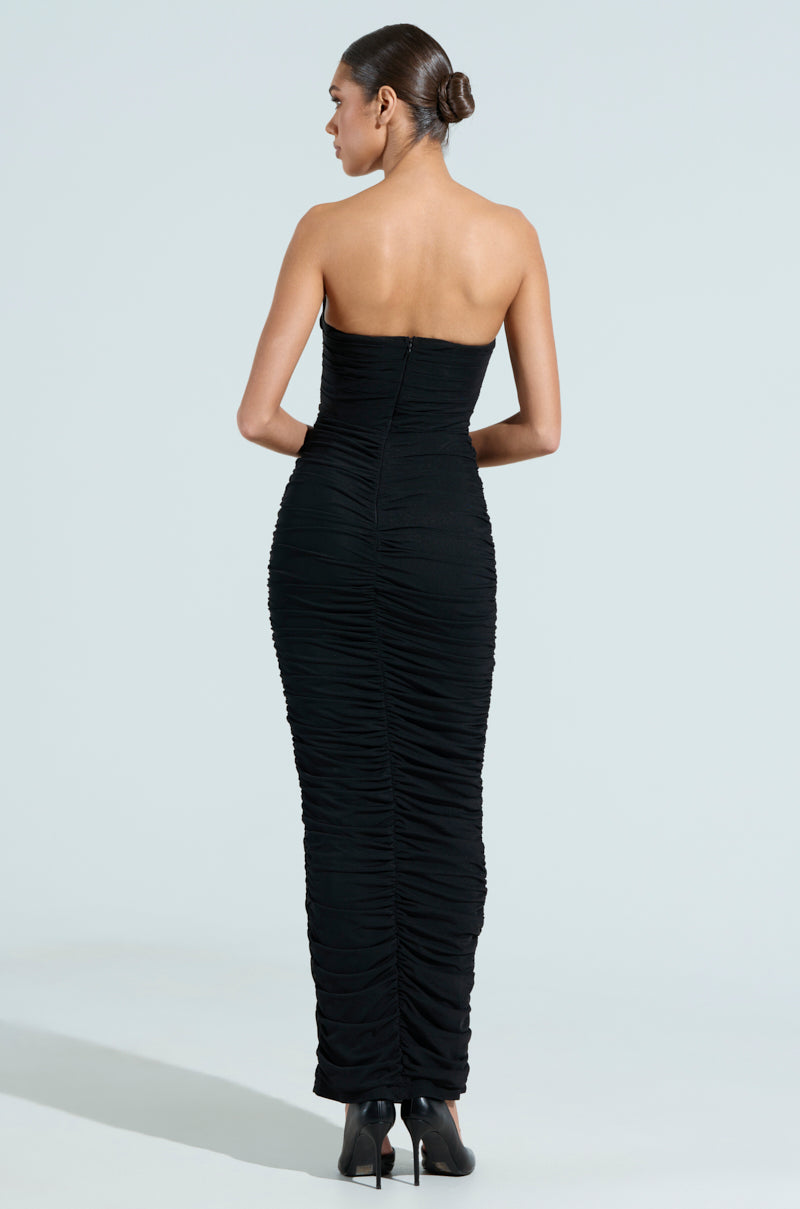 EFFORTLESS GLAM RUCHED MESH MAXI DRESS