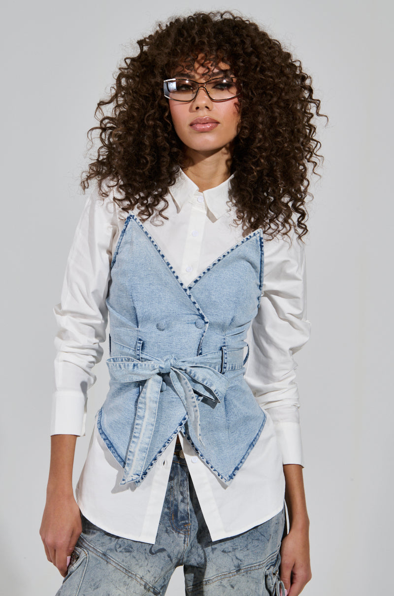 END OF SUMMER FLING DENIM CORSETED BLOUSE