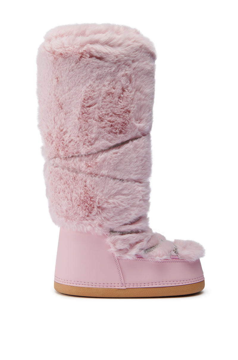 AZALEA WANG TAYTON PINK FUZZY FLAT KNEE HIGH BOOT