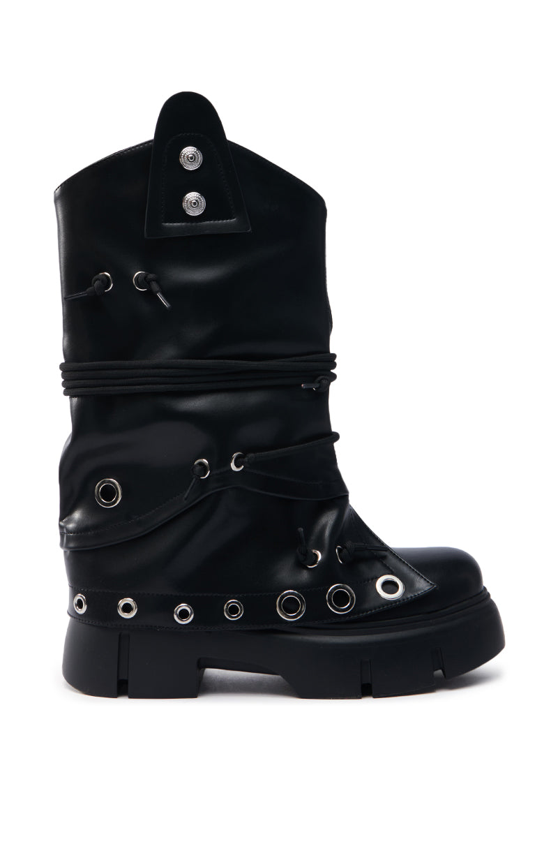 AZALEA WANG CAPIRE BLACK CINCHING COMBAT BOOTIE