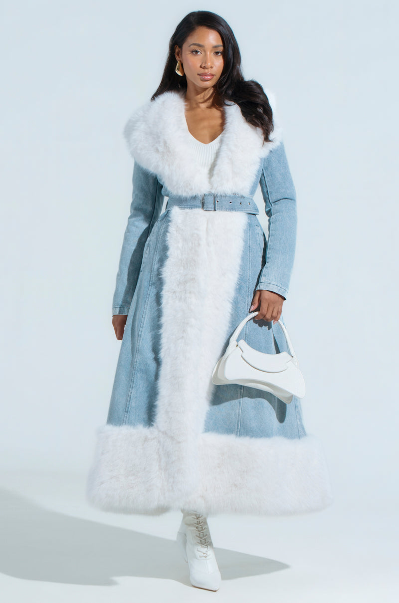 VIVIAN FUR TRIM COAT IN DENIM