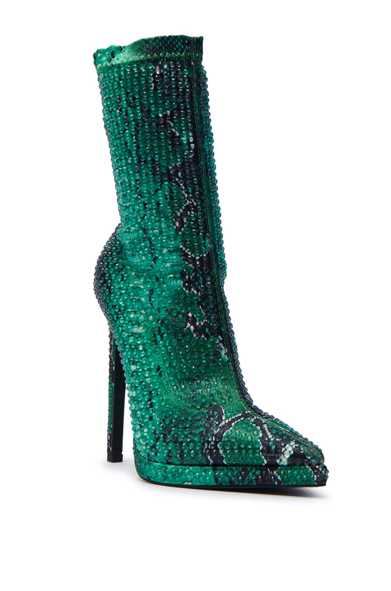 AZALEA WANG ROHESIA GREEN SNAKE RHINESTONE BOOTIE