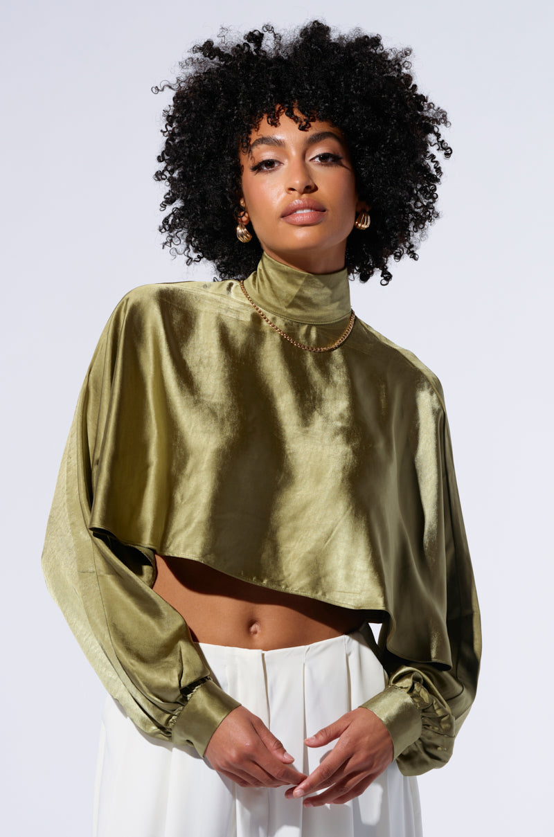 SATIN MOCK NECK BLOUSE IN OLIVE