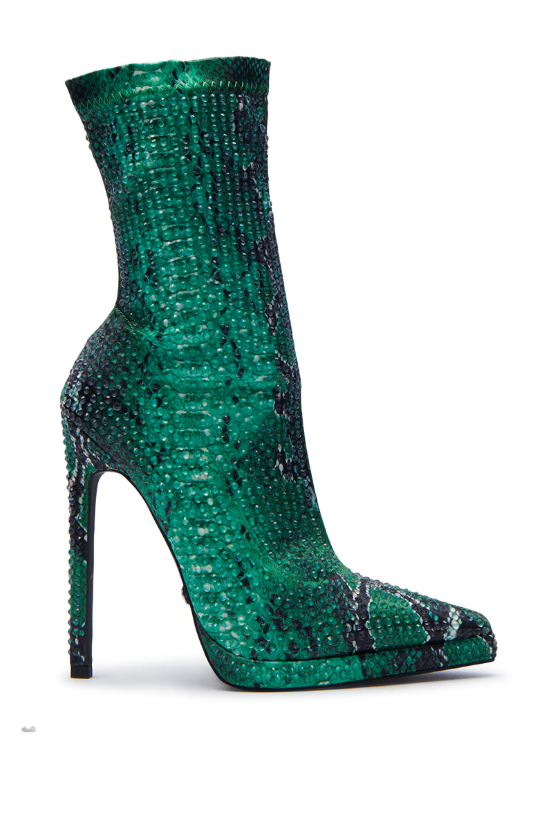 AZALEA WANG ROHESIA GREEN SNAKE RHINESTONE BOOTIE