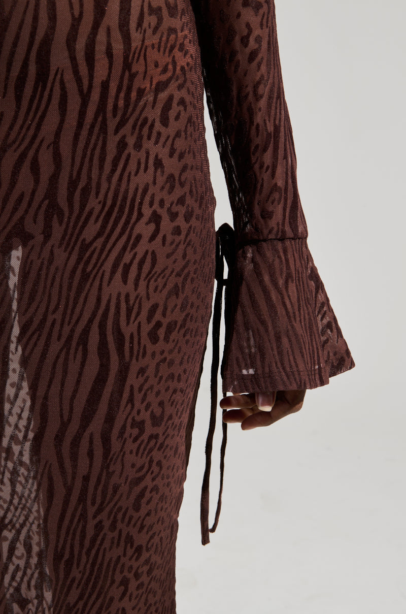 MY GOOD SIDE LEOPARD MESH MAXI DRESS IN BROWN