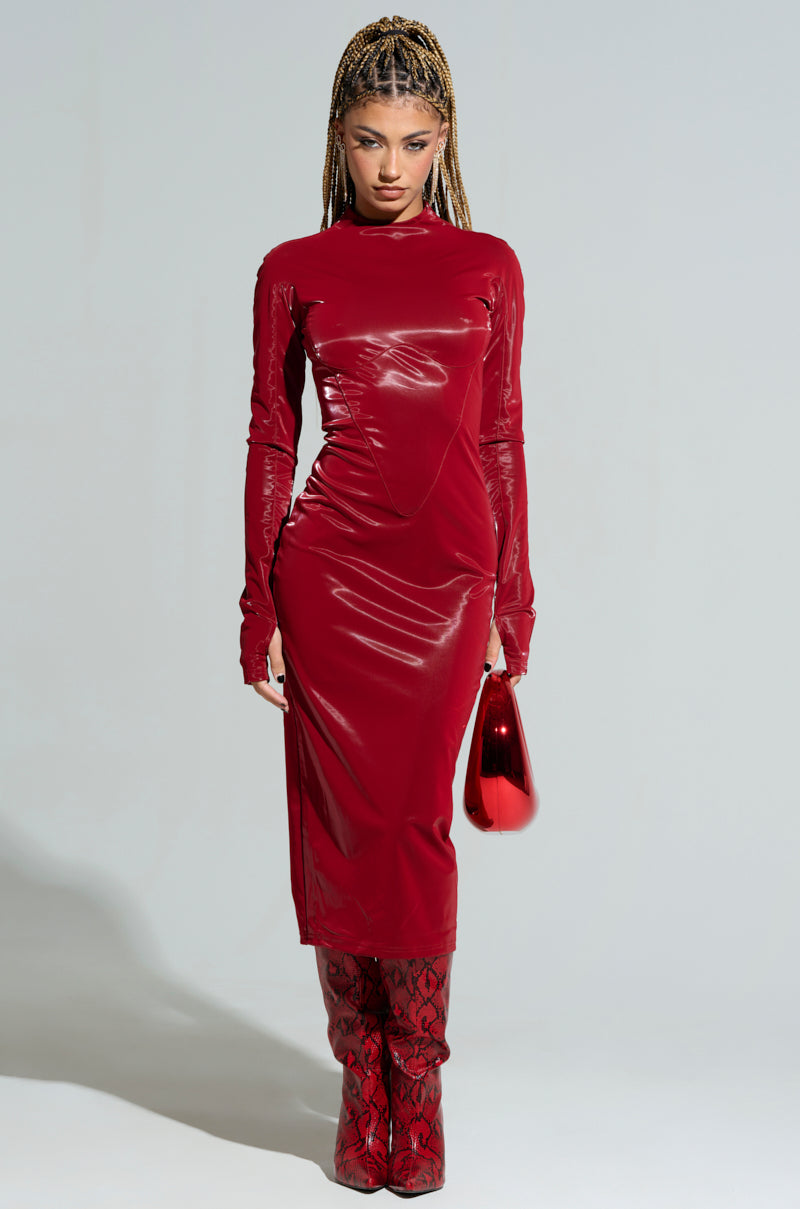 LIKE LIQUID FAUX LEATHER MIDI DRESS