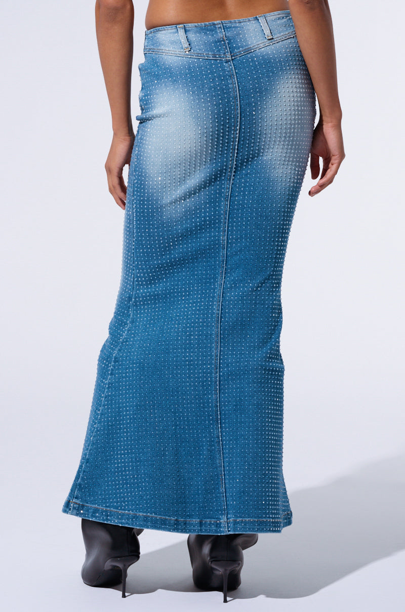 RICH GIRL ENERGY EMBELLISHED DENIM MAXI SKIRT