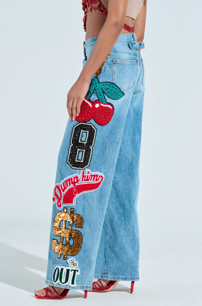 CHECK IT OUT OVERSIZED PATCH JEANS