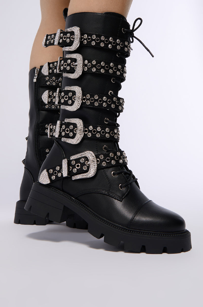 AZALEA WANG BALLADE BLACK EMBELLISHED RHINESTONE BUCKLE BOOT