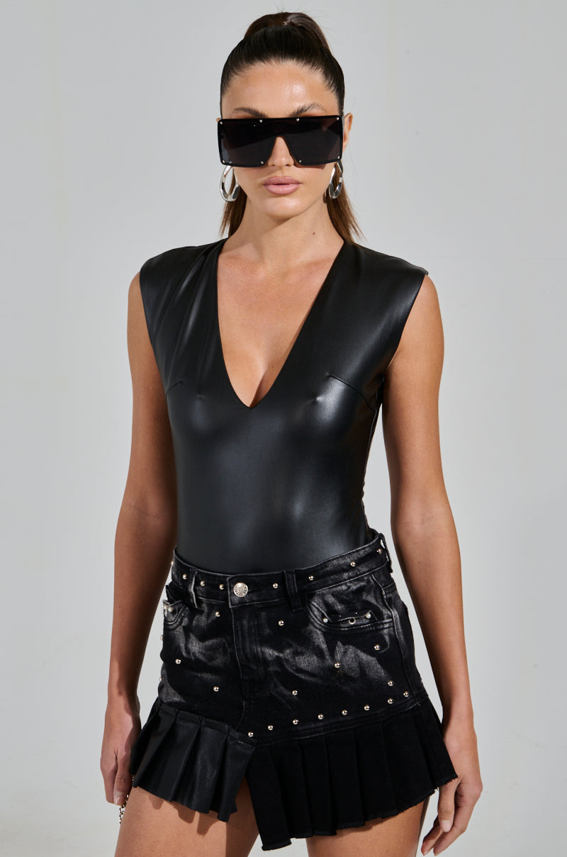 JOELLE FAUX LEATHER SLEEVELESS PLUNGE BODYSUIT