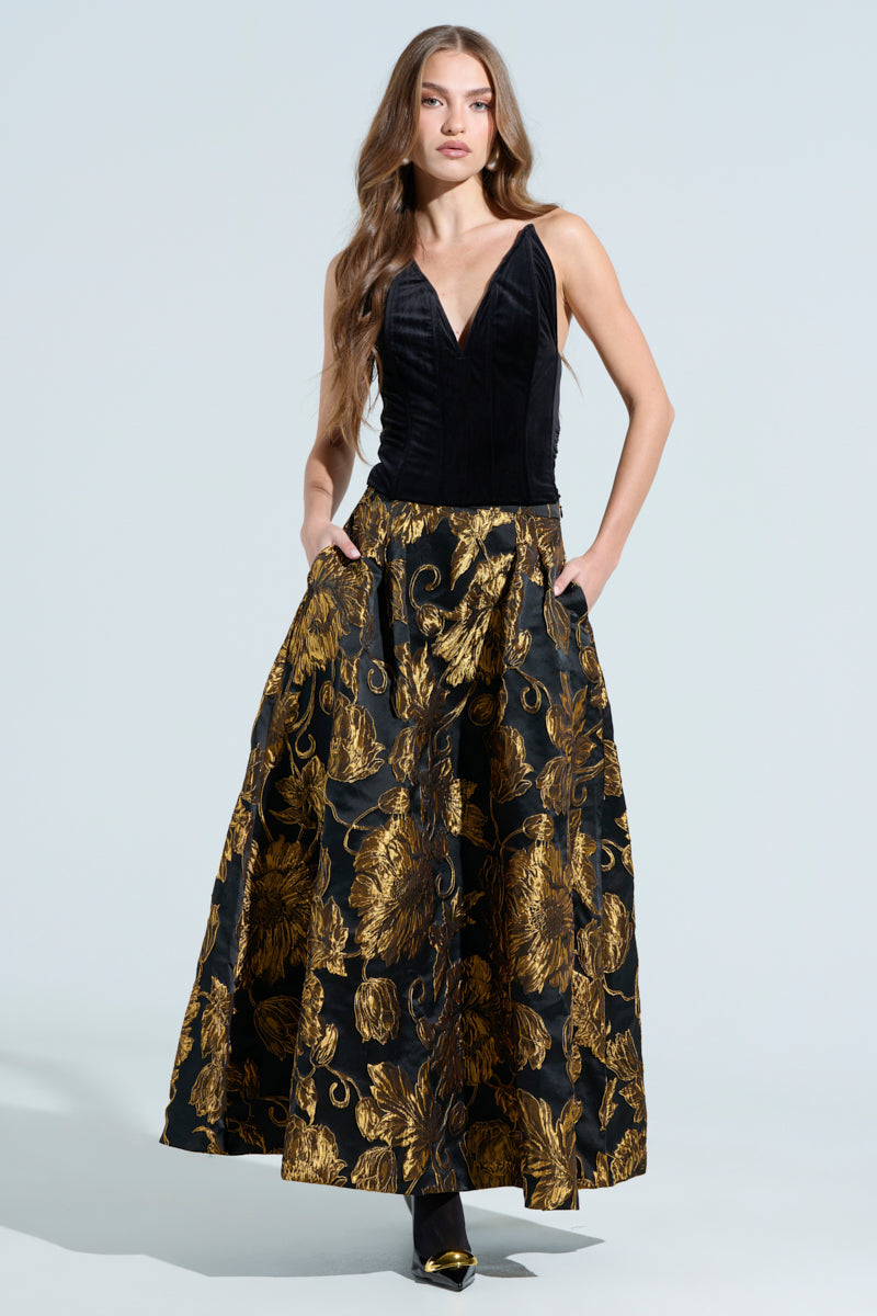 IN THE WILD FLORAL BROCADE  MAXI SKIRT