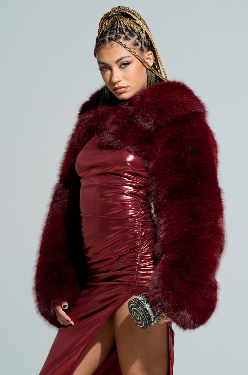 LEILA ULTRA CROP FAUX FUR IN BURGUNDY