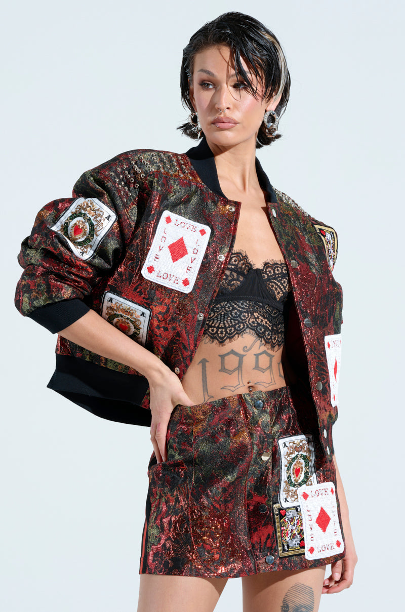 SHOW YOUR CARDS BROCADE BOMBER