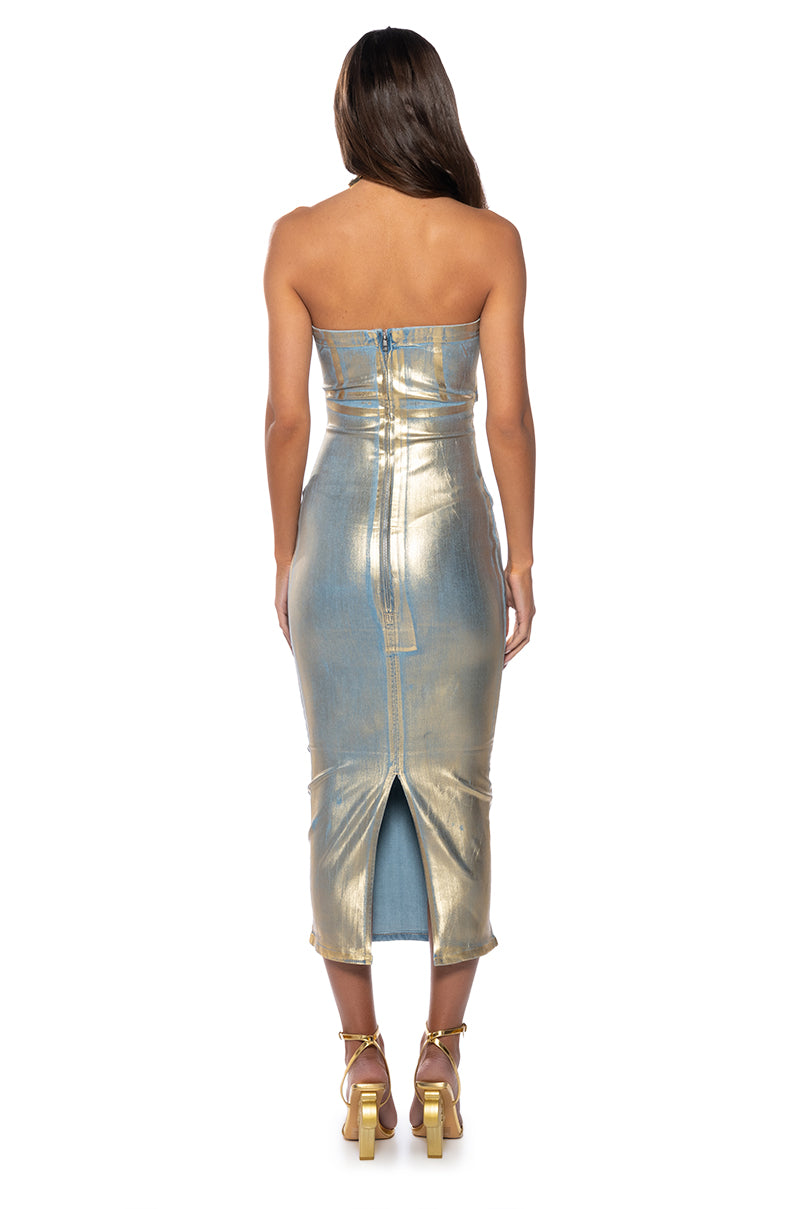 IM GOLD DENIM COATED MIDI DRESS