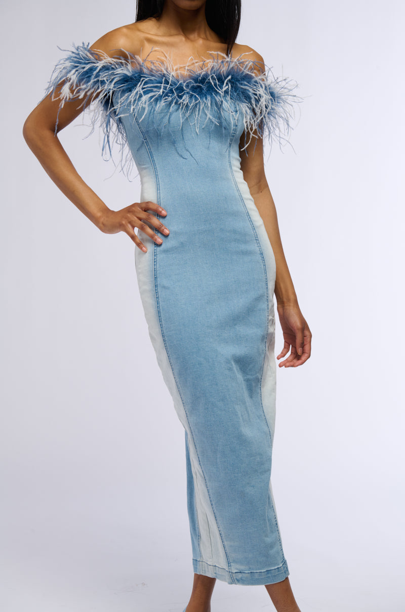 HIT THE TOWN FEATHER TRIM DENIM MAXI DRESS