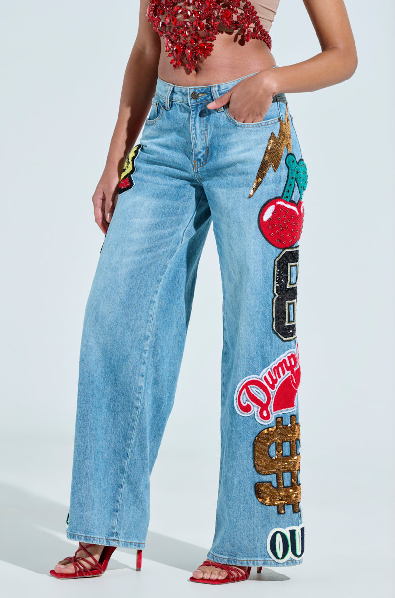 CHECK IT OUT OVERSIZED PATCH JEANS