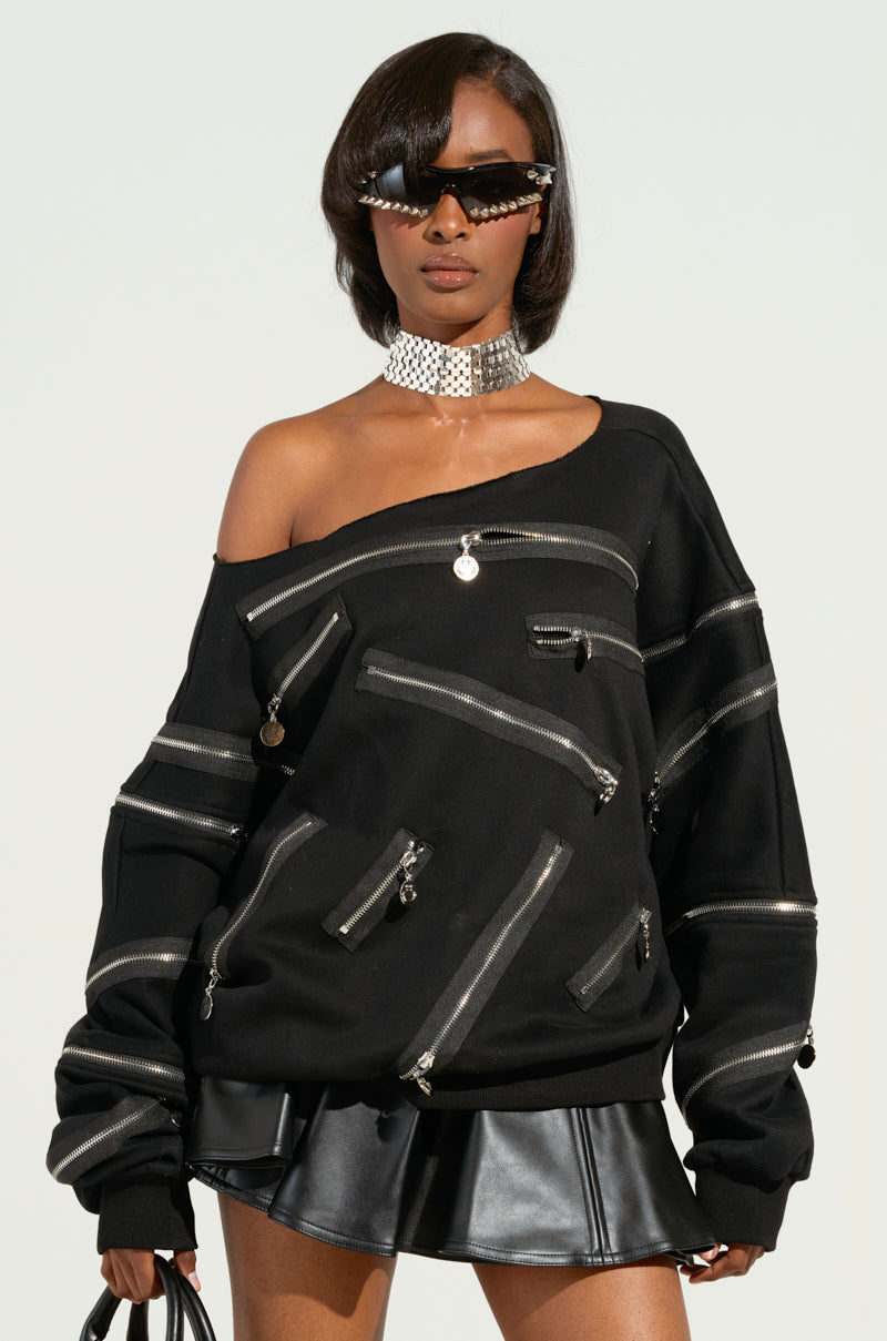 ZIP ME UP OFF THE SHOULDER SWEATSHIRT